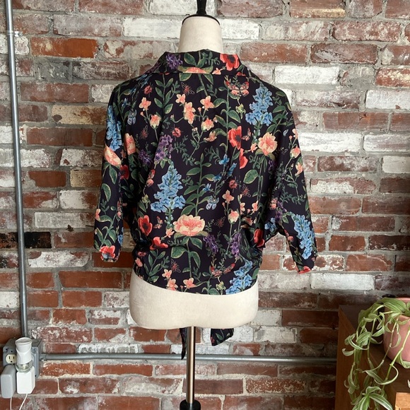 Floral Tie-Front Blouse - Black and Multicolor - Picture 2 of 7